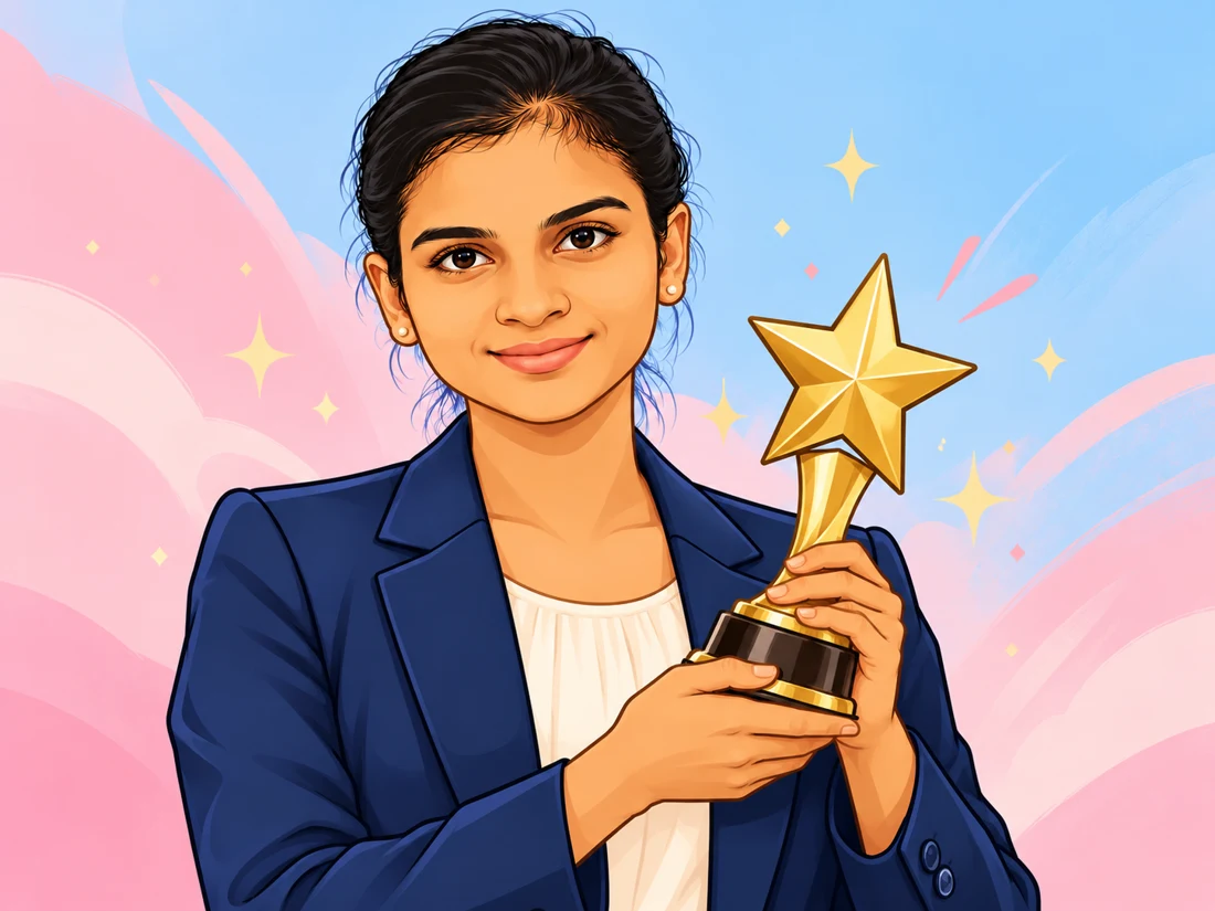 Malleswari’s cartoon character smiling and holding a star trophy