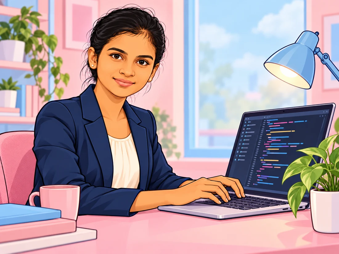 Malleswari’s cartoon character typing code at a laptop