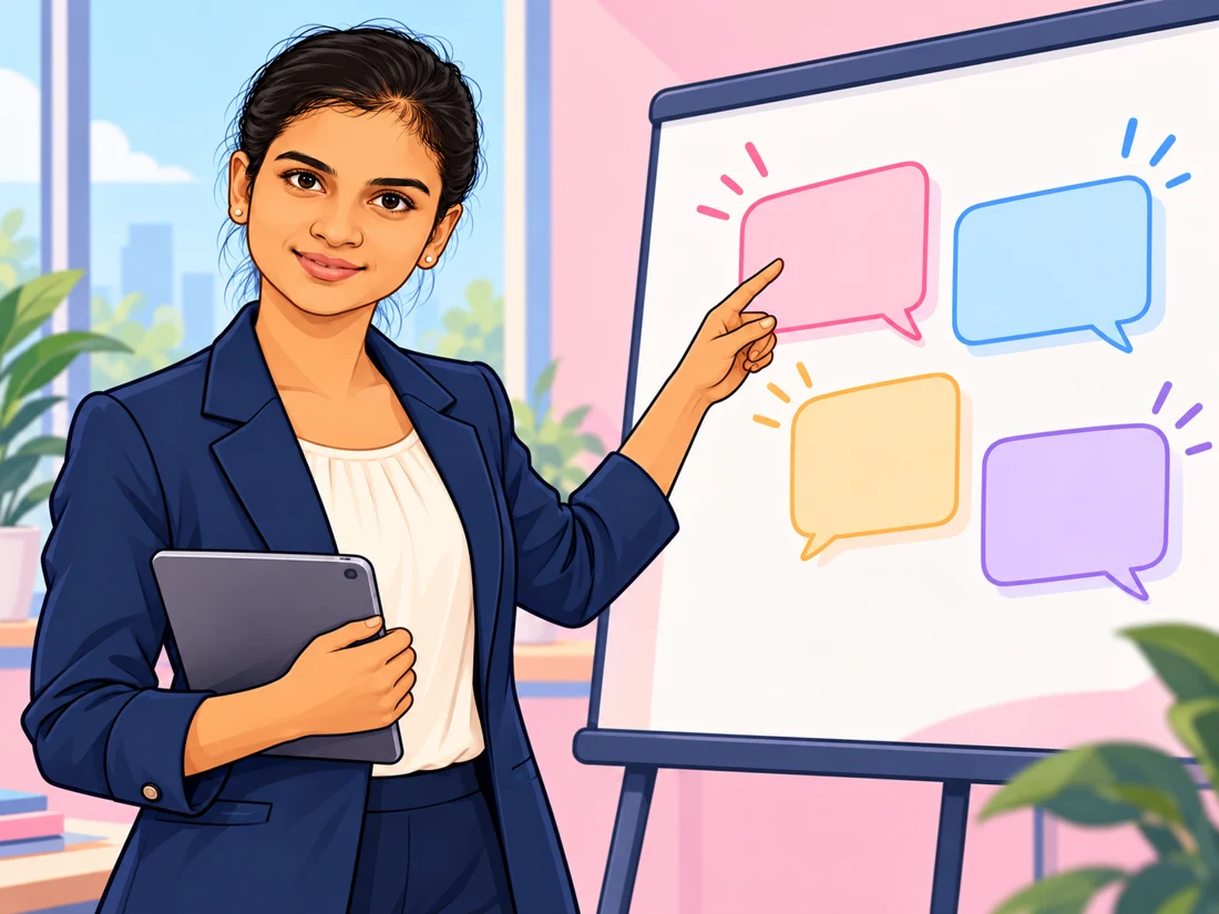 Malleswari explaining customer message classification using four colorful speech cards