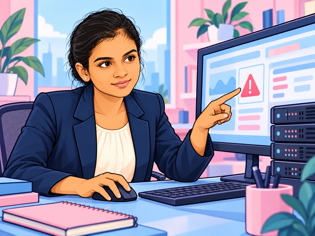 Malleswari investigating an application alert on a monitor beside a server stack